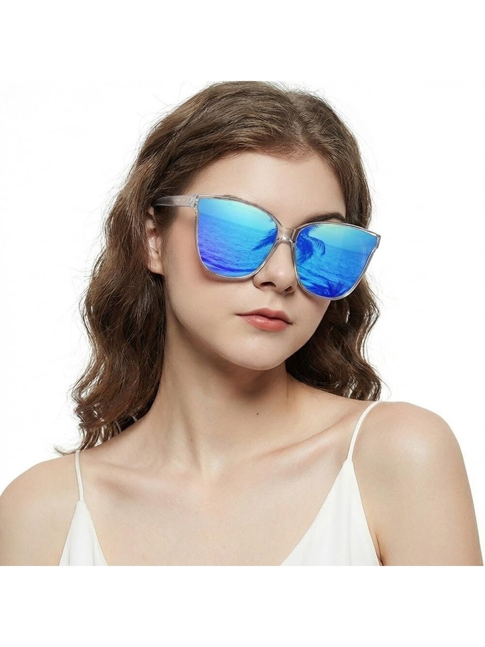 Women's A13 Transparent Blue Mirrored Lens Stylish Cat Eyes Sunglasses